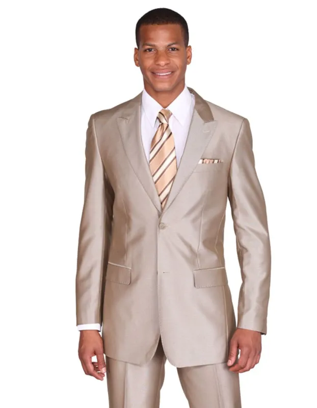 Flashy Suits Mens 2 Button Peak Lapel Shiny Sharkskin Suit in Tan sold by Alberto Nardoni