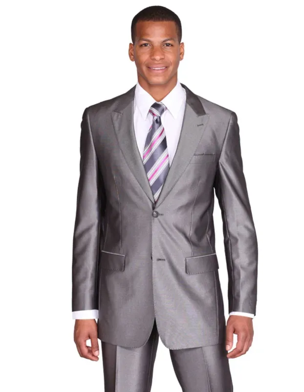 Flashy Suits Mens 2 Button Peak Lapel Shiny Sharkskin Suit in Grey sold by Alberto Nardoni