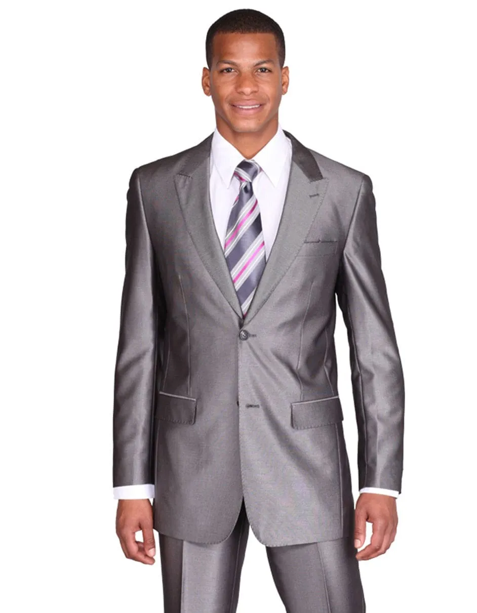 Flashy Suits Mens 2 Button Peak Lapel Shiny Sharkskin Suit in Grey sold by Alberto Nardoni