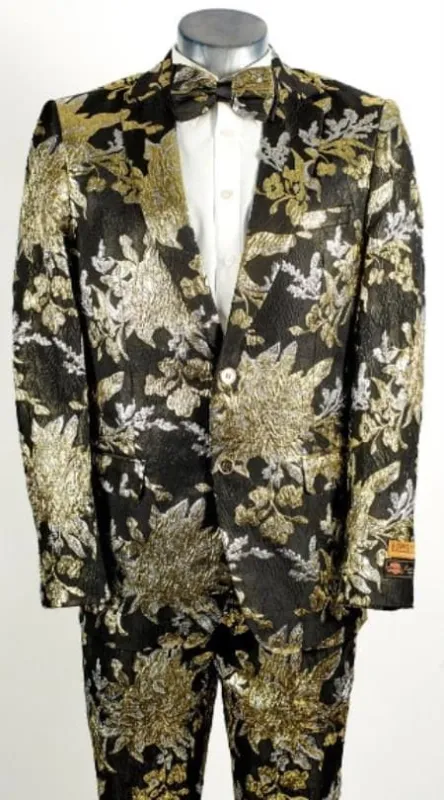 Mens Black ~ Gold 2 Button Foil Floral Paisley Prom And Wedding Tuxedo sold by Alberto Nardoni