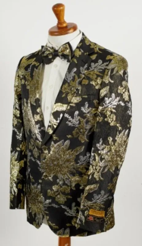 Big And Tall Tuxedo Jacket - Black ~ Gold Paisley Floral Blazer sold by Alberto Nardoni
