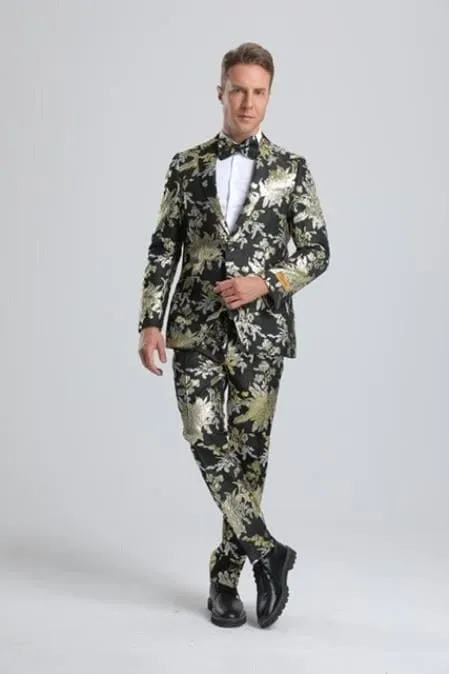 Paisley Suits - Wedding Tuxedo - Groom Black ~ Gold Suit + Matching Bowtie sold by Alberto Nardoni