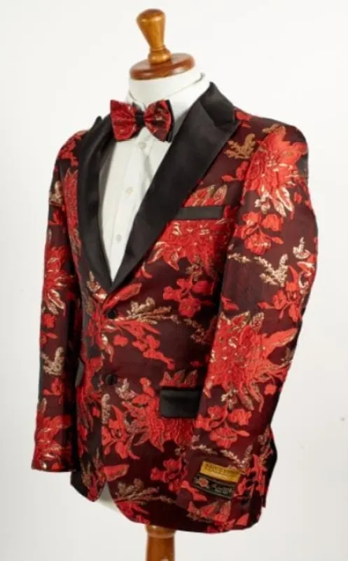 Big And Tall Tuxedo Jacket - Red ~ Black Paisley Floral Blazer sold by Alberto Nardoni