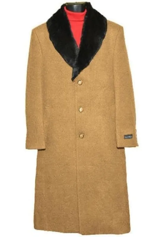 Mens Overcoat - Mens Long Wool Topcoats - Topcoat For Men - Camel 3 Button Full Length Overcoat sold by Alberto Nardoni