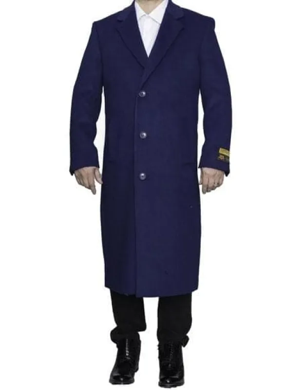 Mens Overcoat -Mens Long Wool Topcoats- Topcoat For Men-Men's Dress Coat Full Length Wool Dress Top Coat / Overcoat In Indigo ~ Bright Blue sold by Alberto Nardoni