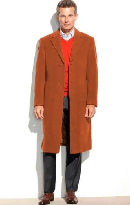 Mens Overcoat -Mens Long Wool Topcoats- Topcoat For Men-Men's Dress Coat Full Length Overcoat ~ Long Men's Dress Topcoat - Winter Coat Rust (Cashmere Touch (Not Cashmere)) sold by Alberto Nardoni