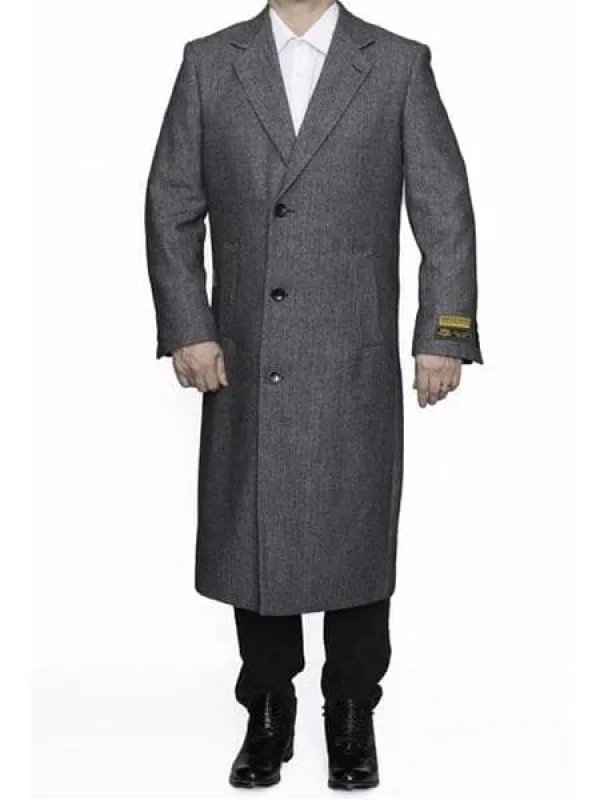 Mens Overcoat -Mens Long Wool Topcoats- Topcoat For Men-Men's Dress Coat Three Button Full Length Herringbone Gray Overcoat ~ Long Men's Dress Topcoat - Winter Coat sold by Alberto Nardoni
