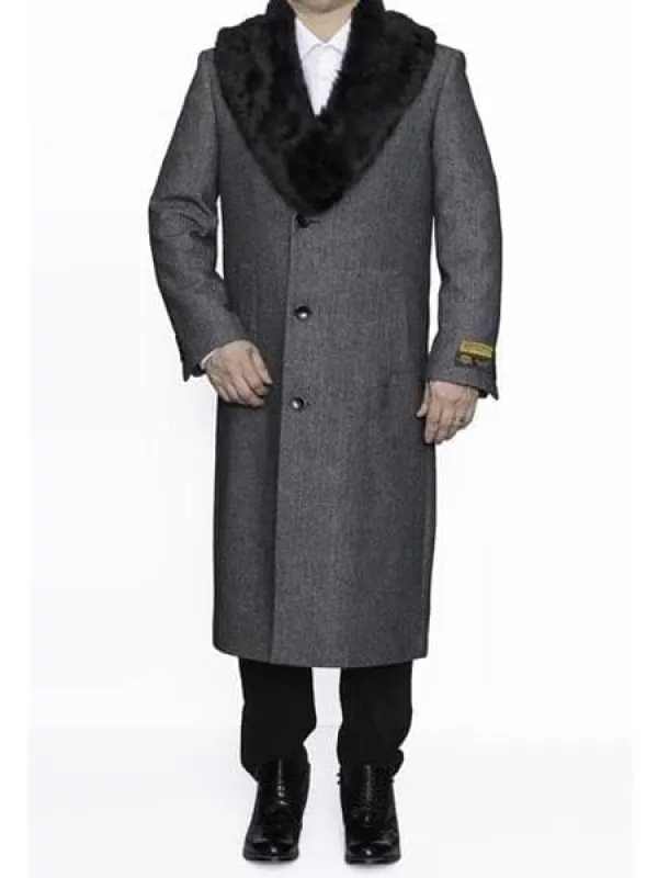 Mens Overcoat -Mens Long Wool Topcoats- Topcoat For Men-Mens Topcoat Mens Dress Coat Removable Fur Collar Full Length Wool Herringbone Grey Top Coat ~ Overcoat sold by Alberto Nardoni