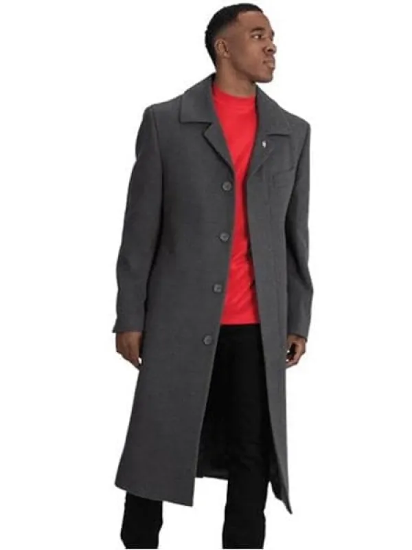 Mens Overcoat -Mens Long Wool Topcoats- Topcoat For Men-Men's Dress Coat Blu Martini Four Button Wool Full Length Charcoal Overcoat sold by Alberto Nardoni