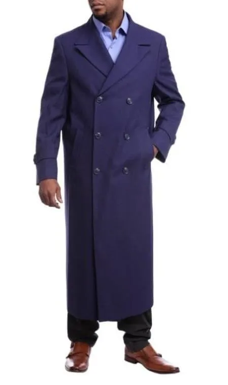 Mens Overcoat -Mens Long Wool Topcoats- Topcoat For Men-Men's Full Length Overcoat Navy Blue Wool Double Breasted Overcoat sold by Alberto Nardoni
