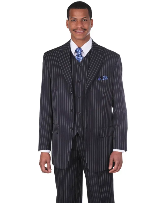 Mens Cheap Blue Suit 3 Button Notch Lapel Bold Pinstripe Gangster Suit in Navy Blue sold by Alberto Nardoni