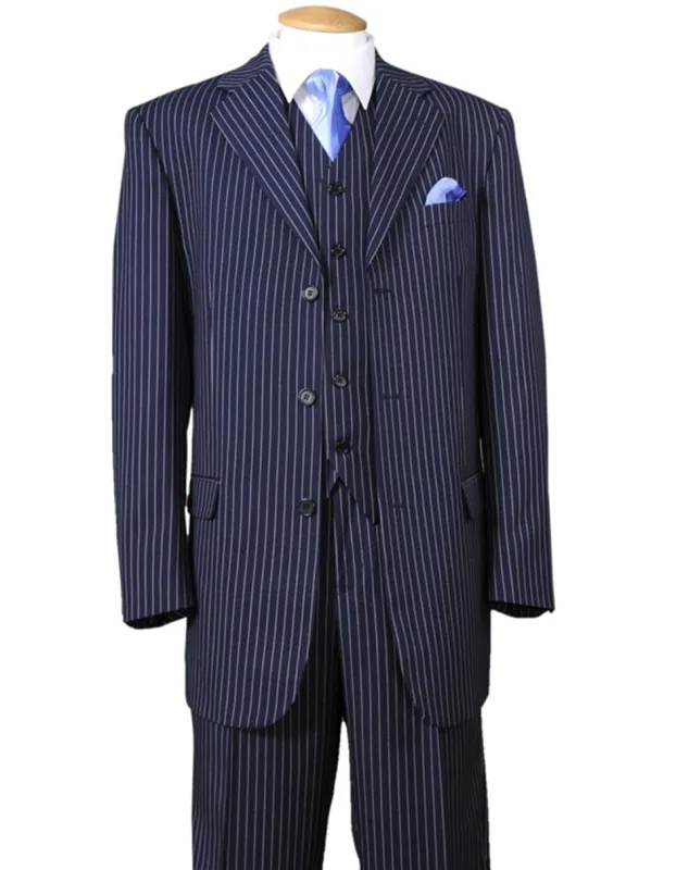Mens Cheap Blue Suit 3 Button Notch Lapel Bold Pinstripe Gangster Suit in Navy Blue sold by Alberto Nardoni