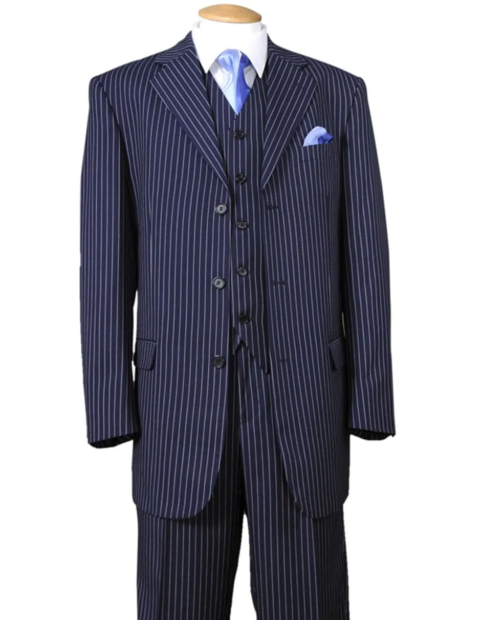 Mens Cheap Blue Suit 3 Button Notch Lapel Bold Pinstripe Gangster Suit in Navy Blue sold by Alberto Nardoni