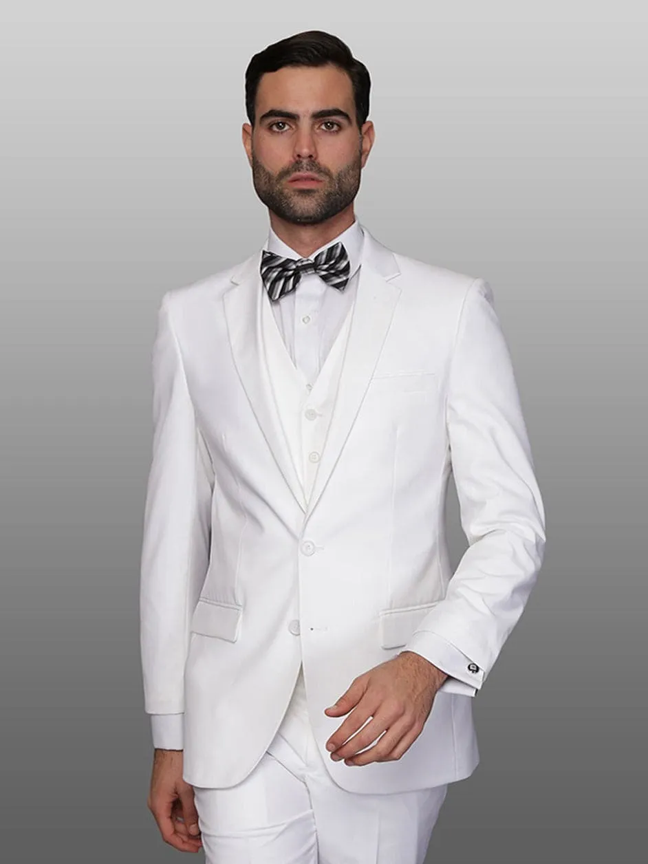 Mens Cheap White Suit 2 Button Skinny Vested Wool Suit in Ivory sold by Alberto Nardoni