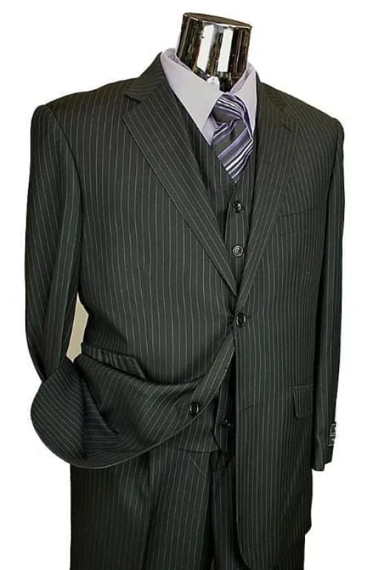 Men's Black Stripe ~ Pinstripe Vested 3 Piece 2 Button Flat Front Pants Three Piece Suit sold by Alberto Nardoni