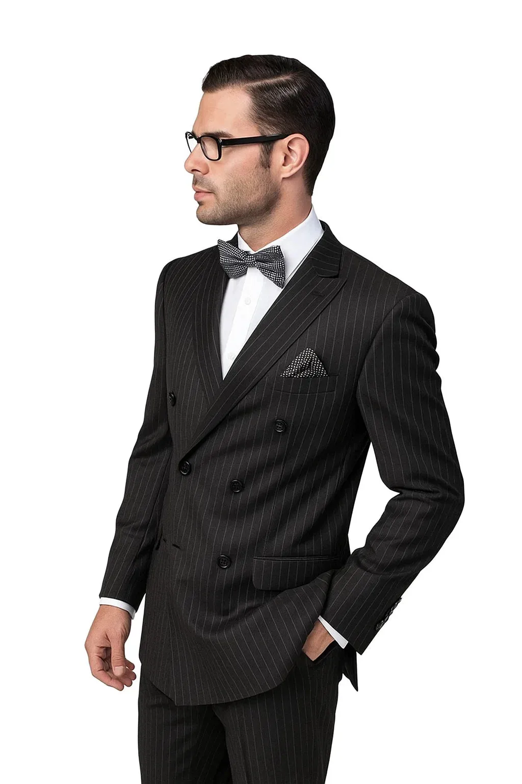 Statement Confidence Black Double Breasted Pinstripe Men's Wool Italian Design Suit sold by Alberto Nardoni product image thumbnail 4