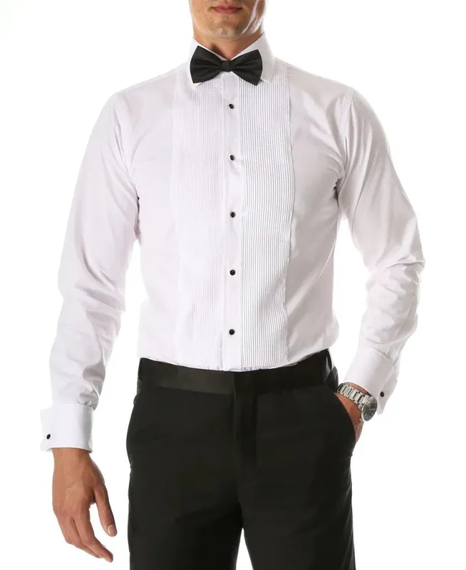 Mens Slim Fit Spread Collar Tuxedo Shirt in White sold by Alberto Nardoni