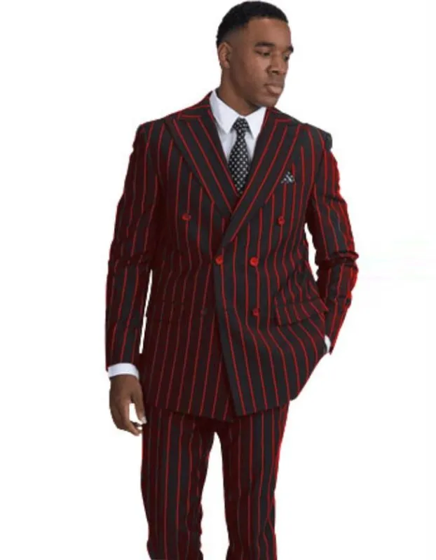 Gangster Suit - Mobster Suit - Mafia Suit For Mens Double Breasted Gangster Pinstripe in Black & Red sold by Alberto Nardoni