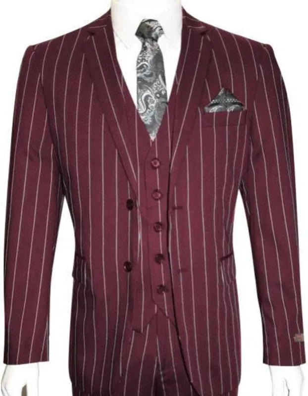 Gangster Suit - Mobster Suit - Mafia Suit For Mens 2 Button Gangster Pinstripe Burgundy Suit made by Alberto Nardoni