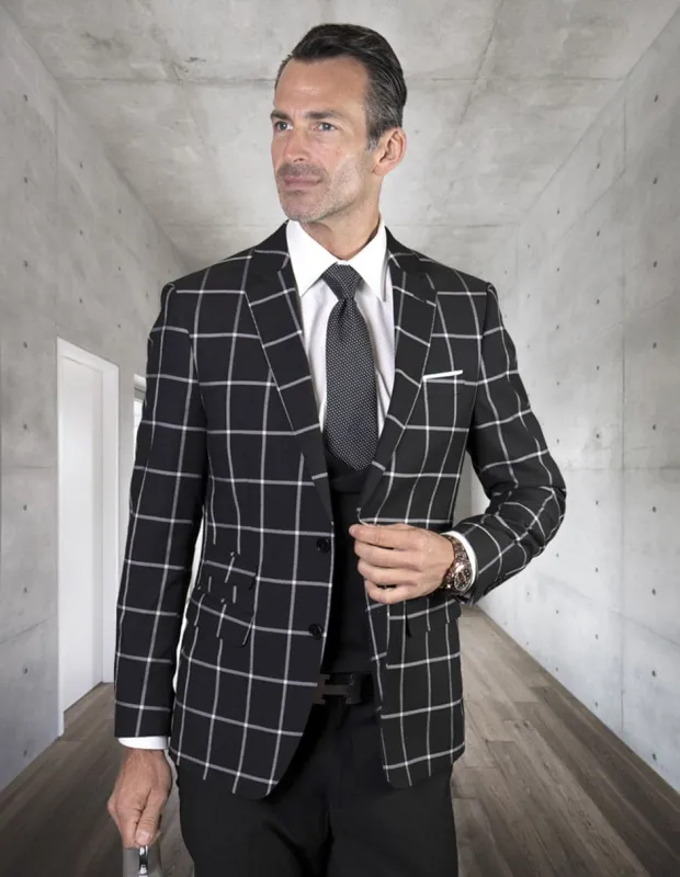 Mens 2 Button Suit with Low Cut Vest in Black Plaid sold by Alberto Nardoni