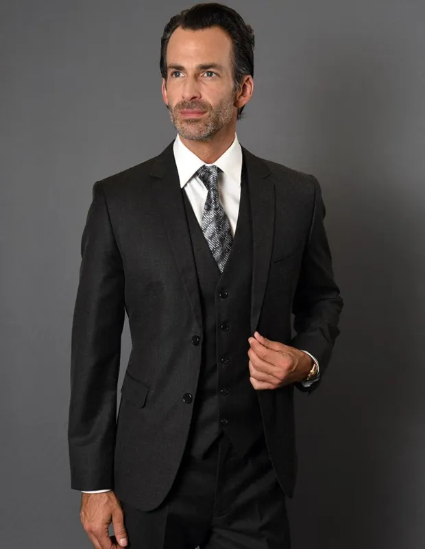Mens 2 Button Slim Fit Vested Suit in Black Textured Fabric sold by Alberto Nardoni