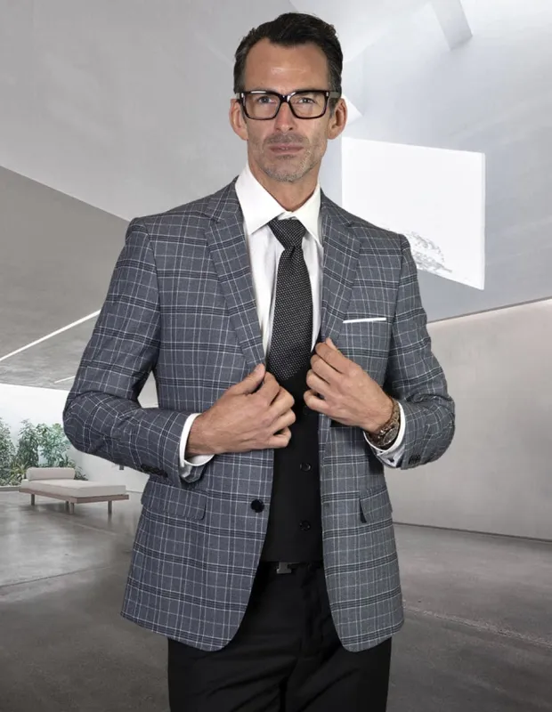 Mens 2 Button Suit with Low Cut Vest in Black Mini Plaid sold by Alberto Nardoni