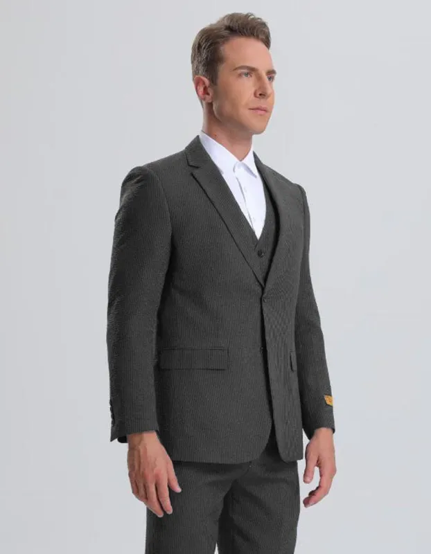 Mens Vested Summer Seersucker Suit in Black on Black Pinstripe sold by Alberto Nardoni