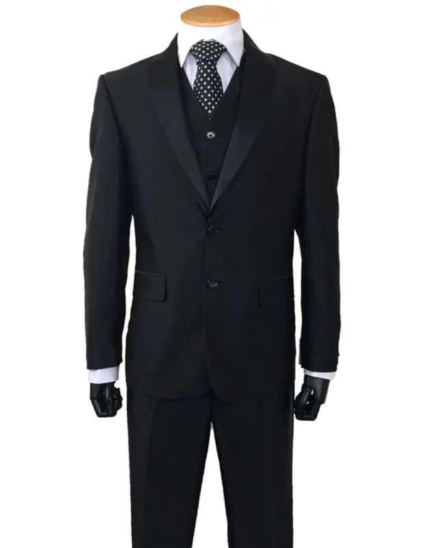 Mens 2 Button Sharkskin Tuxedo with Satin Shawl in Black sold by Alberto Nardoni