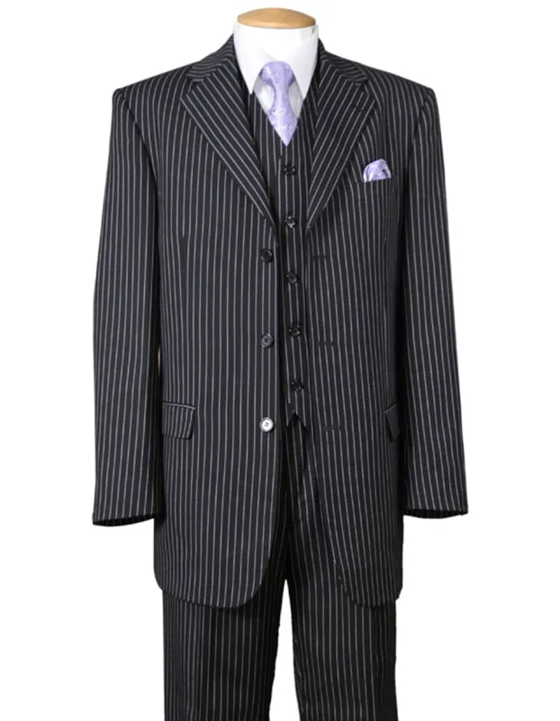Mens 3 Button Notch Lapel Bold Pinstripe Gangster Suit in Black sold by Alberto Nardoni