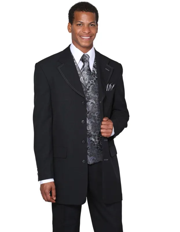 Mens 4 Button Wide Notch Lapel Fashion Zoot Suit in Black made by Alberto Nardoni