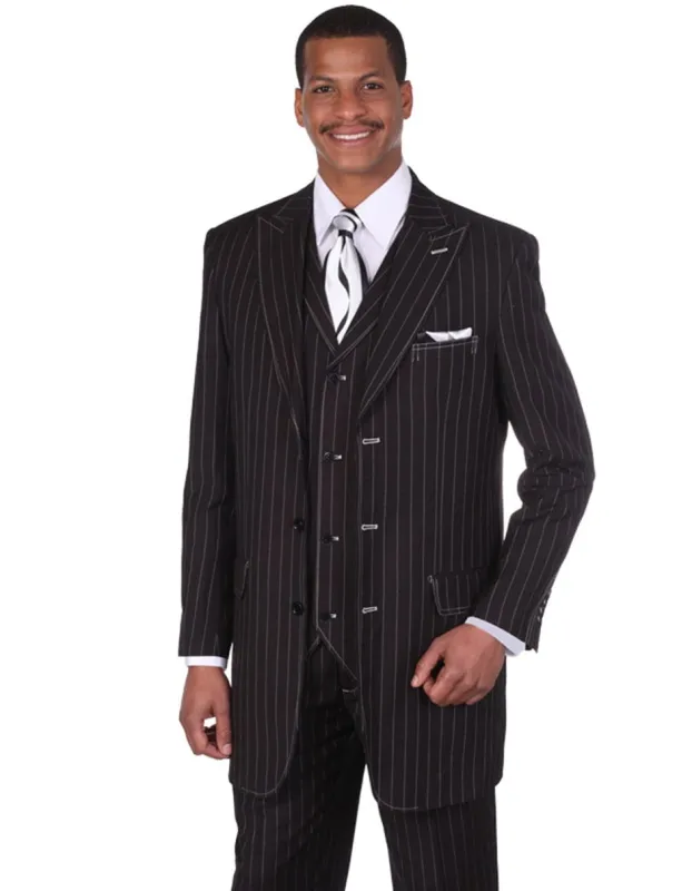 Mens 3 Button Peak Lapel Bold Pinstripe Gangster Suit in Black & White sold by Alberto Nardoni