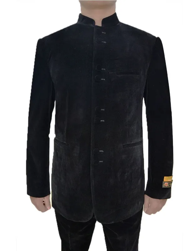Mens 8 Button Mandarin Collar Tuxedo in Black Velvet sold by Alberto Nardoni