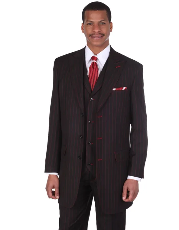 Mens 3 Button Peak Lapel Bold Pinstripe Gangster Suit in Black & Red sold by Alberto Nardoni