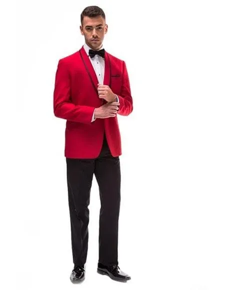 Holiday Suit - Christmas Suit - Christmas Blazer Red And Black Trim Lapel Shawl Tuxedo Suit Jacket & Pants ( Blazer Sport Coat) sold by Alberto Nardoni