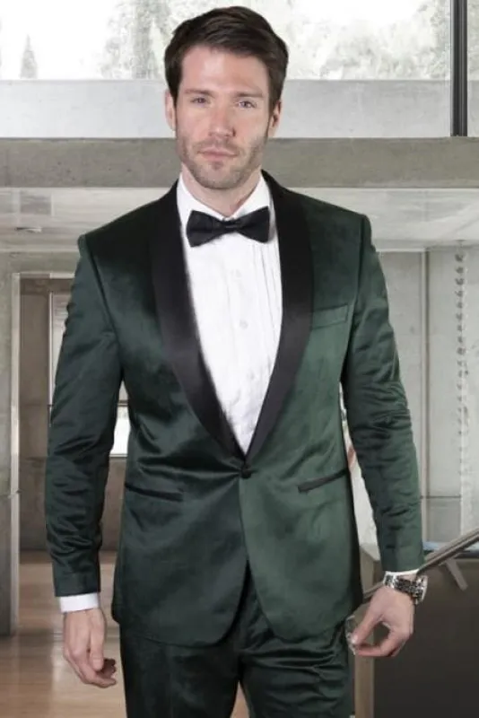 SKU#JA61468 Emerald Green Tuxedo - Hunter Green Tuxedo Velvet Lapel, Velvet Vest With Gold Button And Side Trim On The Pants sold by Alberto Nardoni