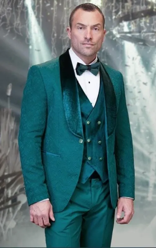 SKU#JA61467 Emerald Green Tuxedo - Hunter Green Tuxedo Velvet Lapel, Velvet Vest With Gold Button And Side Trim On The Pants made by Alberto Nardoni