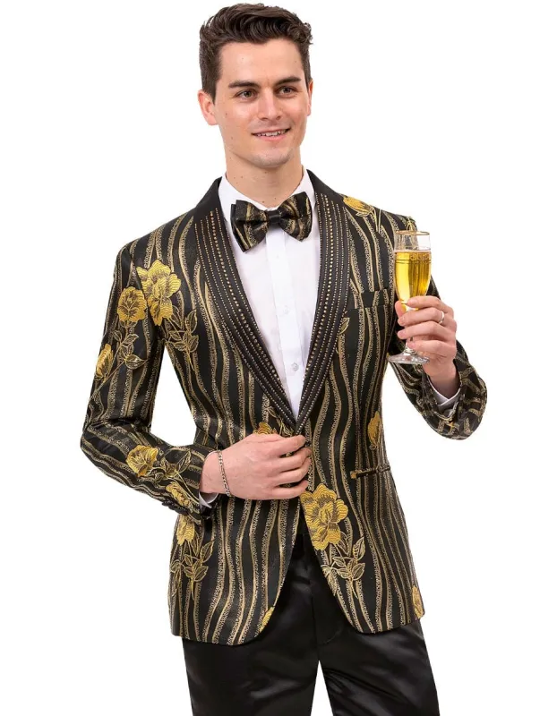 Mens Paisley Jeweled Shawl Prom Tuxedo Blazer in Black & Gold sold by Alberto Nardoni