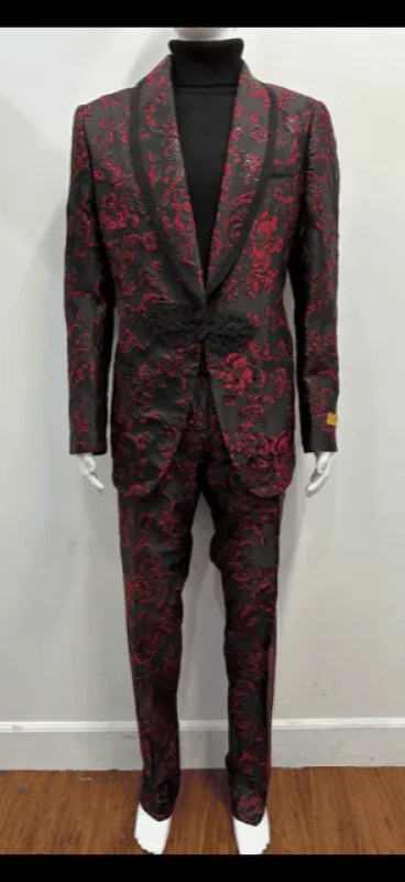 Mens Black and Red Suit - Floral Prom Suit + Matching bowtie sold by Alberto Nardoni