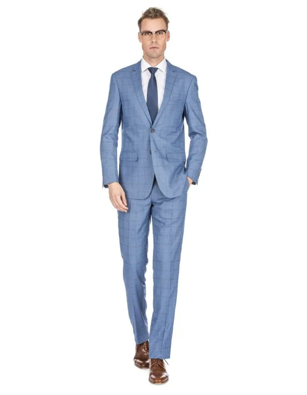 Mens Modern Fit Plaid Suit Blue made by Alberto Nardoni