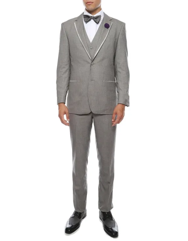 Grey Prom Suit - Gray Wedding Suit - Gray Tuxedo Vested Grey Trim Tuxedo sold by Alberto Nardoni