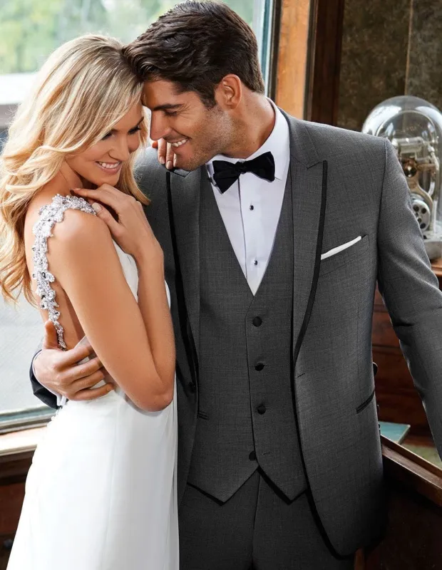 Grey Prom Suit - Gray Wedding Suit - Gray Tuxedo Mens Designer Oscar Grey Peak Trim Tuxedo in Grey sold by Alberto Nardoni