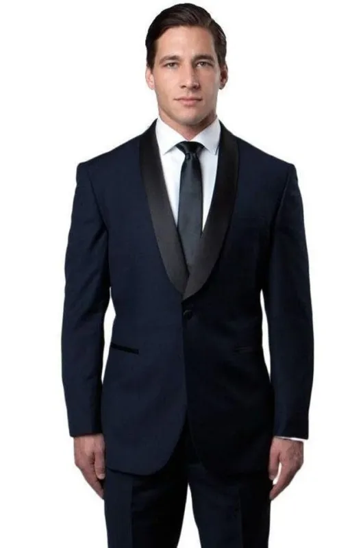 Mens Blue Wedding Suit Fashion Slim Fitted Navy Blue Shawl Collar Tuxedo Tazio MT146S-04 sold by Alberto Nardoni