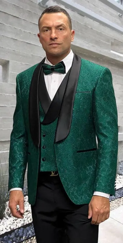 Men's Stylish Hunter Green Textured Pattern Modern Fit Casino Tux DB Vest Statement Grammy made by Alberto Nardoni