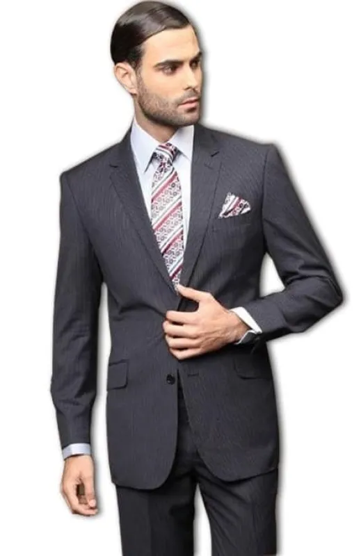 Pick Stitch Collar Slanted Pocket 2 Button Dark Navy Blue Stripe ~ Pinstripe Slim Suit sold by Alberto Nardoni