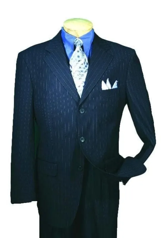 Men's Dark Navy Affordable Stripe ~ Pinstripe Blue Pleated Pants Cheap Priced Business Suits Clearance Sale Online Sale Available In 2 Or Three ~ 3 Buttons Style Regular Classic Cut made by Alberto Nardoni