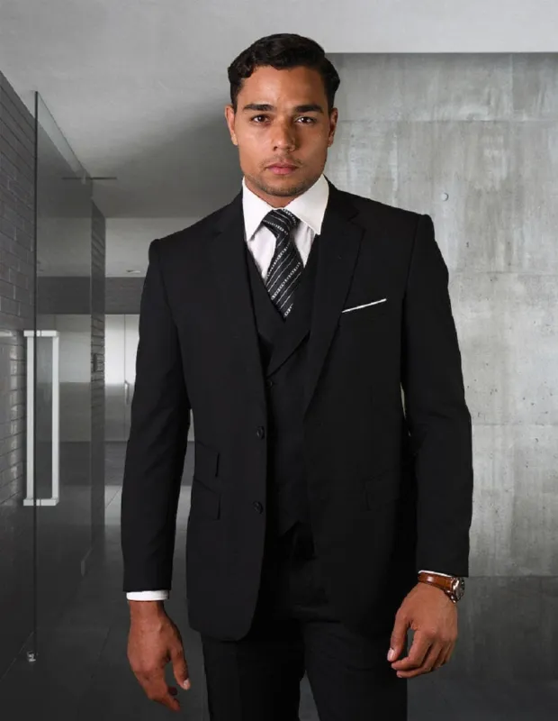 Mens 2 Button Slim Fit Wool Suit With Double Breasted Vest in Black sold by Alberto Nardoni