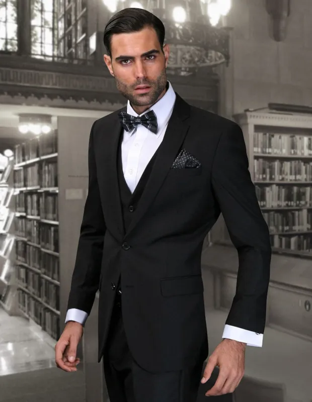 Mens 2 Button Skinny Vested Wool Suit in Black made by Alberto Nardoni