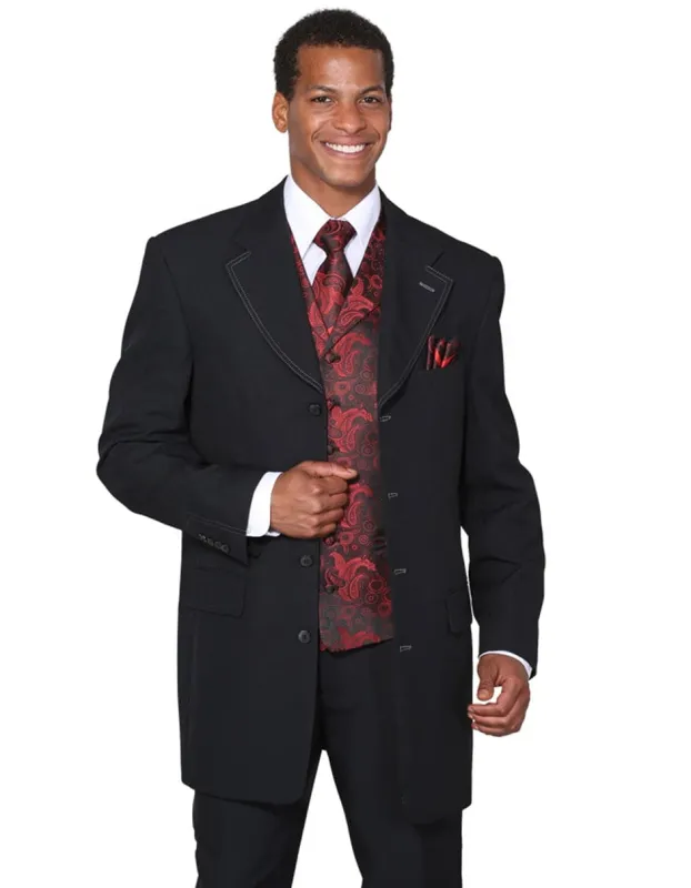 Mens 4 Button Wide Notch Lapel One Chest Pocket Fashion Zoot Suit in Black & Red sold by Alberto Nardoni