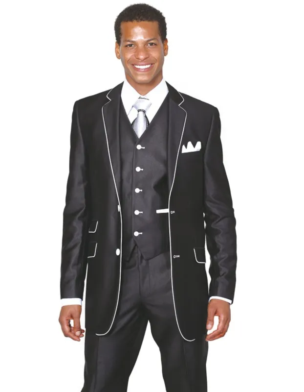 Mens 2 Button Vested Trim Tuxedo in Black sold by Alberto Nardoni