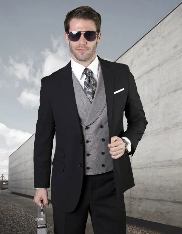 Mens 2 Button Notch Lapel Wool Suit With Double Breasted Shawl Vest in Black sold by Alberto Nardoni